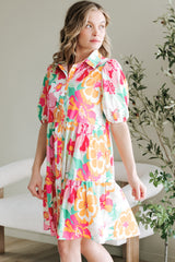 Pink Floral Puff Sleeve Collar Buttoned Babydoll Dress Floral Dresses JT's Designer Fashion