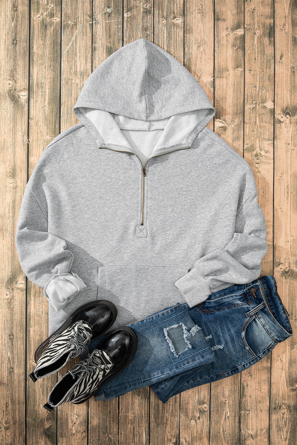 Light Grey Fleece Lined Half Zipper Kangaroo Pockets Loose Hoodie Sweatshirts & Hoodies JT's Designer Fashion