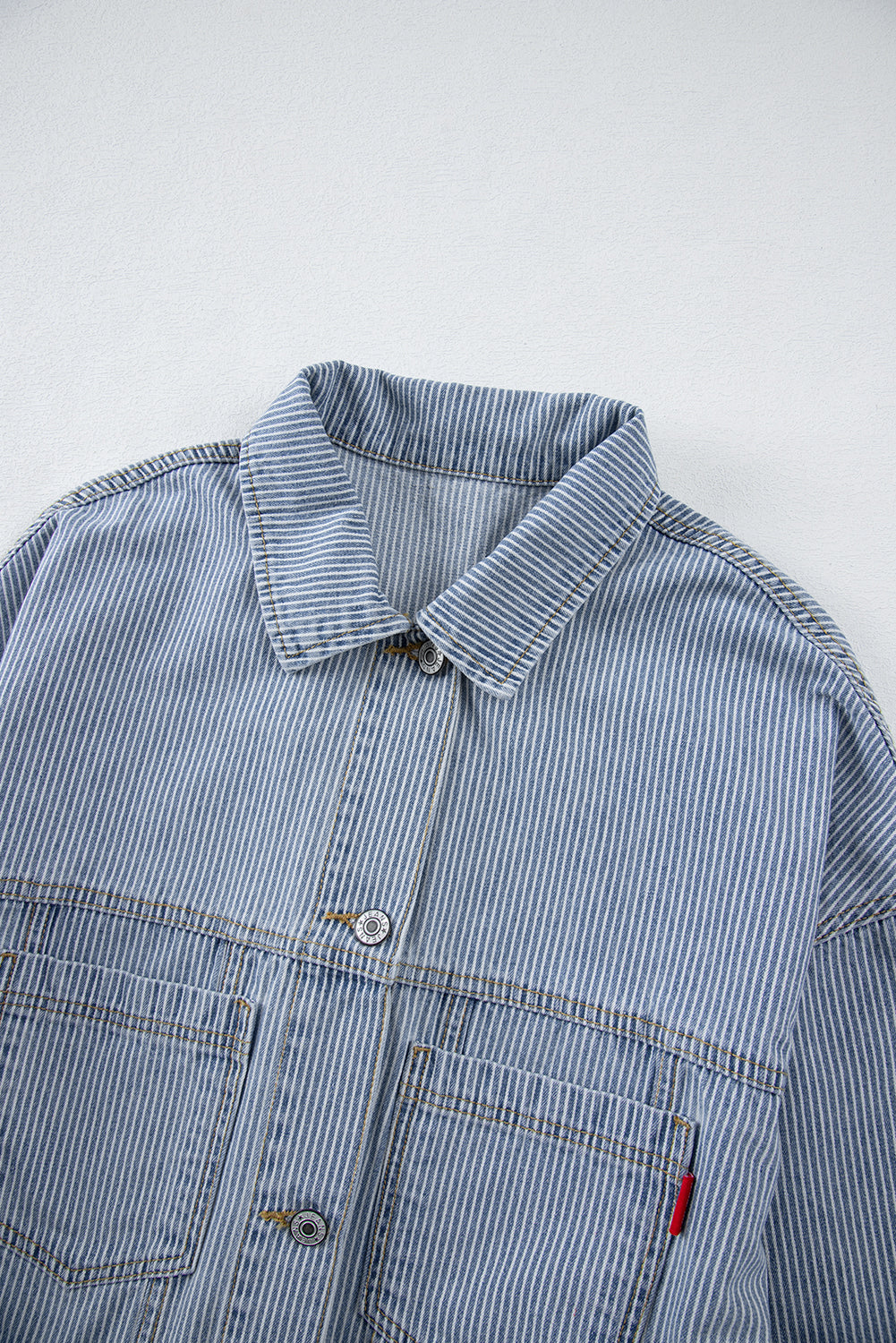 Sky Blue Stripe Washed Oversize Pocketed Denim Jacket Denim Jackets JT's Designer Fashion