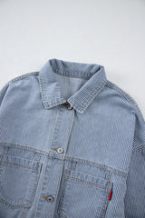 Sky Blue Stripe Washed Oversize Pocketed Denim Jacket Denim Jackets JT's Designer Fashion