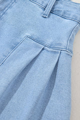 Dusk Blue Pleated Patchwork Wide Leg Lightweight Denim Shorts Denim Shorts JT's Designer Fashion