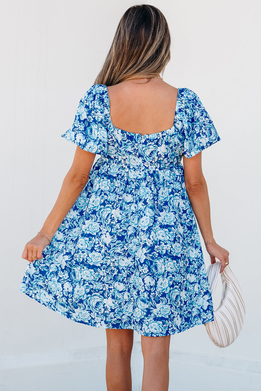 Blue Floral Puff Sleeve Babydoll Mini Dress Floral Dresses JT's Designer Fashion