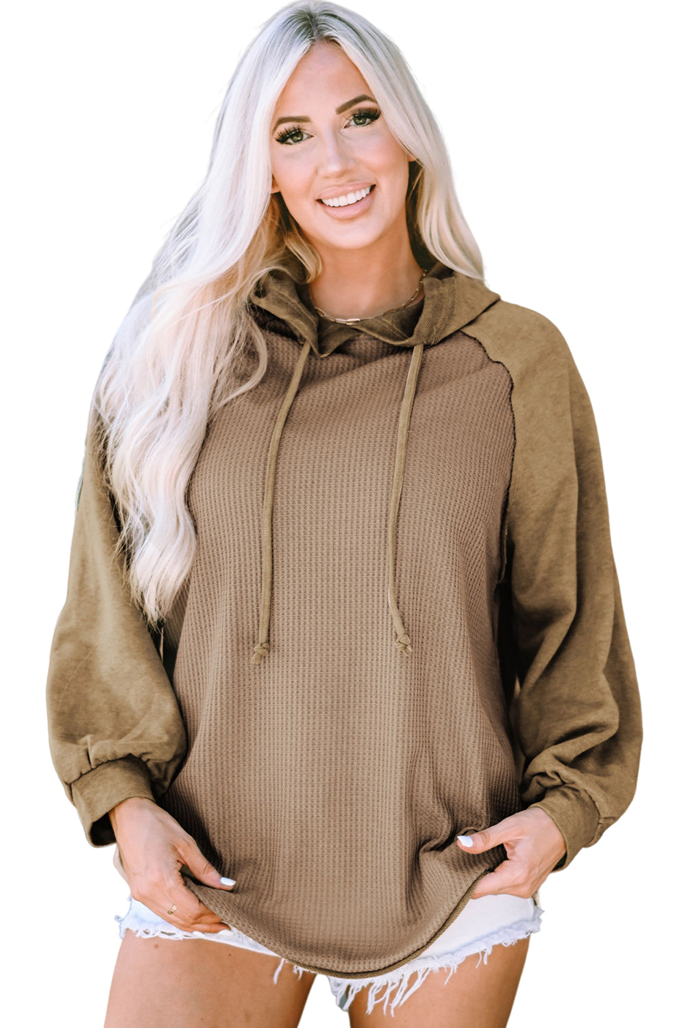 Khaki Waffled Expose Seam Drawstring Hoodie Sweatshirts & Hoodies JT's Designer Fashion