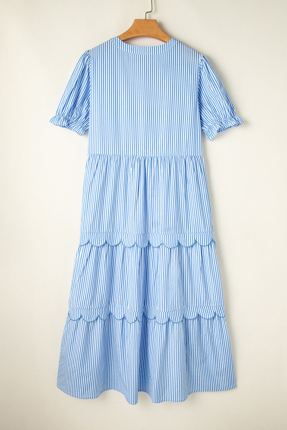 Sky Blue Stripe Bubble Short Sleeve Tiered Scallop Long Dress Maxi Dresses JT's Designer Fashion
