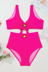 Rose Red Gold Shell Decor Wire-free Knotted 2pcs Bikini Swimsuit High Waisted Swimsuit JT's Designer Fashion