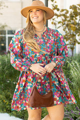 Sky Blue Plus Size Floral Print Shirred Ruffle Tiered Mini Dress Sky Blue 100%Cotton Plus Size Mini Dresses JT's Designer Fashion
