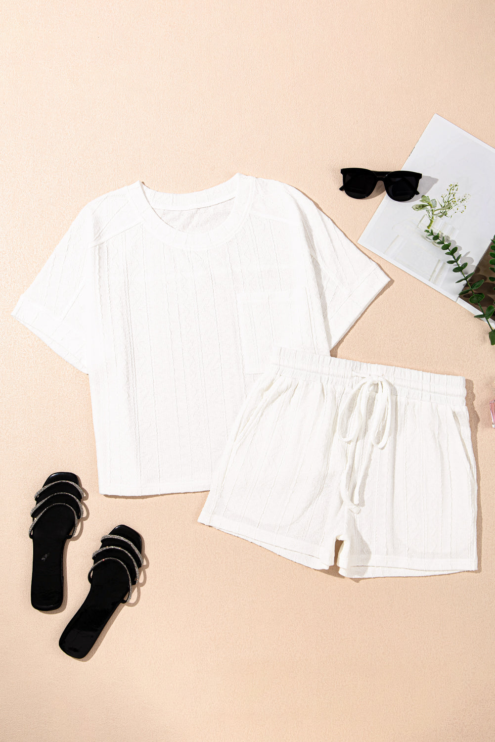Jet Stream Textured Patched Pocket Short Sleeve Top Drawstring Shorts Set Short Sets JT's Designer Fashion