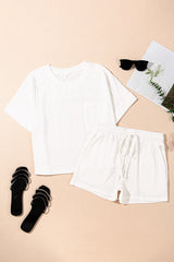 Jet Stream Textured Patched Pocket Short Sleeve Top Drawstring Shorts Set Short Sets JT's Designer Fashion