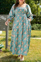 Green Plus Size Floral Print Square Neck Smocked Maxi Dress Plus Size Maxi Dresses JT's Designer Fashion