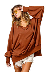 Chestnut V Neck Kangaroo Pocket Oversized Hoodie Sweatshirts & Hoodies JT's Designer Fashion