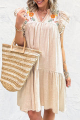Jet Stream Linen Embroidery Split Neck Pom Pom Ruffle Sleeves Flowy Short Dress Mini Dresses JT's Designer Fashion