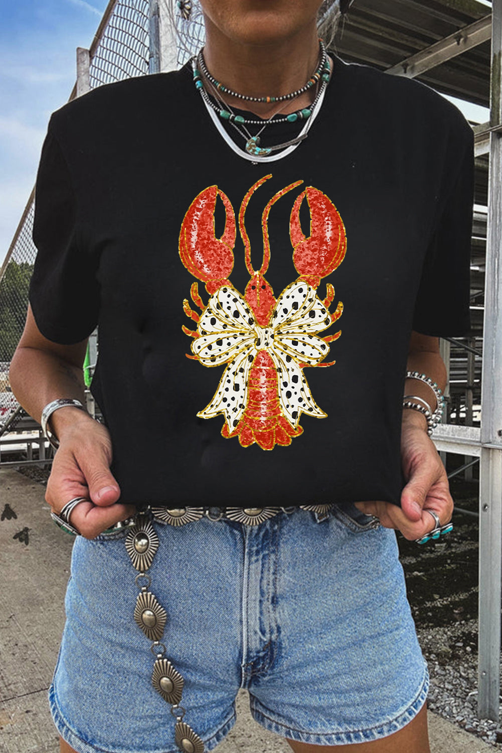Black Dotty Bow Knot Crawfish Printed T Shirt Graphic Tees JT's Designer Fashion