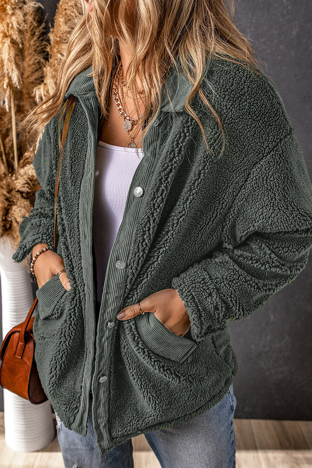 Gray Corduroy Trim Elbow Patch Sherpa Jacket Jackets JT's Designer Fashion