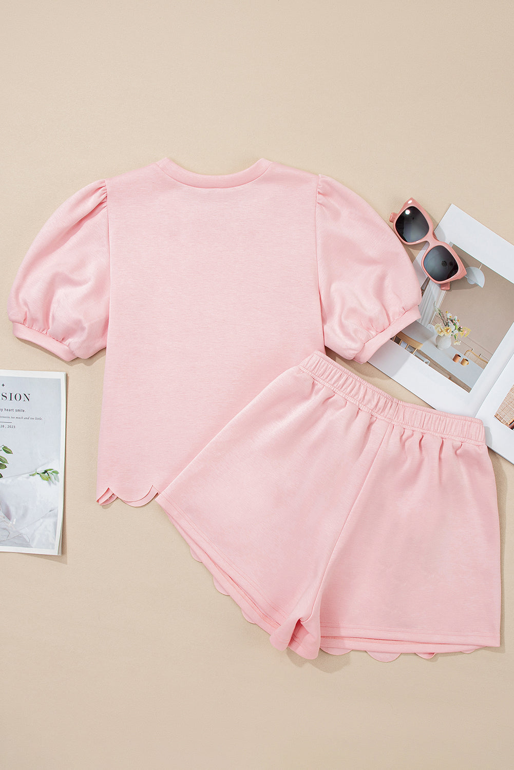 Light Pink Puff Sleeve Pearl Embellished Scallop Trim Top 2 Piece Skort Set Two Piece Dresses JT's Designer Fashion