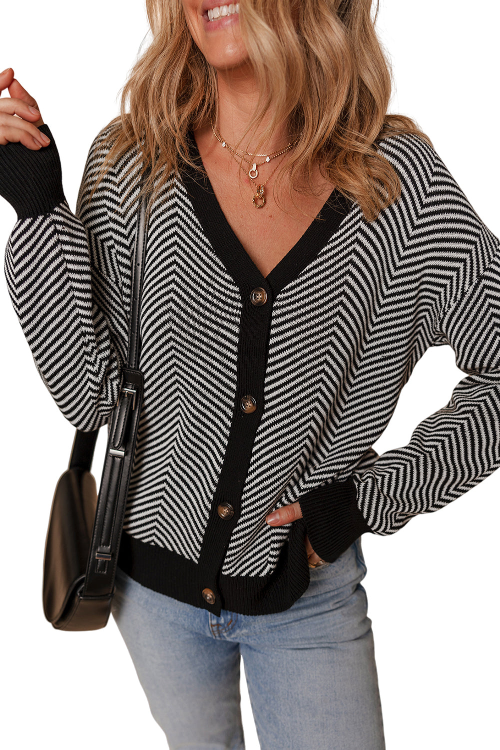 White Stripe Buttoned Front V Neck Herringbone Cardigan Cardigans JT's Designer Fashion