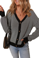 White Stripe Buttoned Front V Neck Herringbone Cardigan Cardigans JT's Designer Fashion