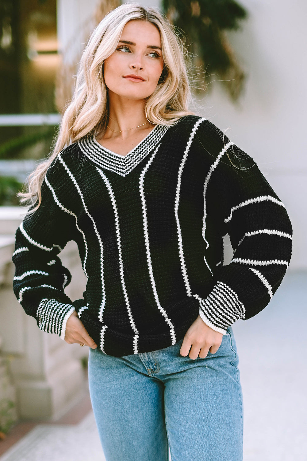 Black Colorblock Striped V Neck Knitted Loose Sweater Sweaters JT's Designer Fashion