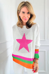 White Star Pattern Colorblock Striped Edge Drop Shoulder Sweater Sweaters JT's Designer Fashion