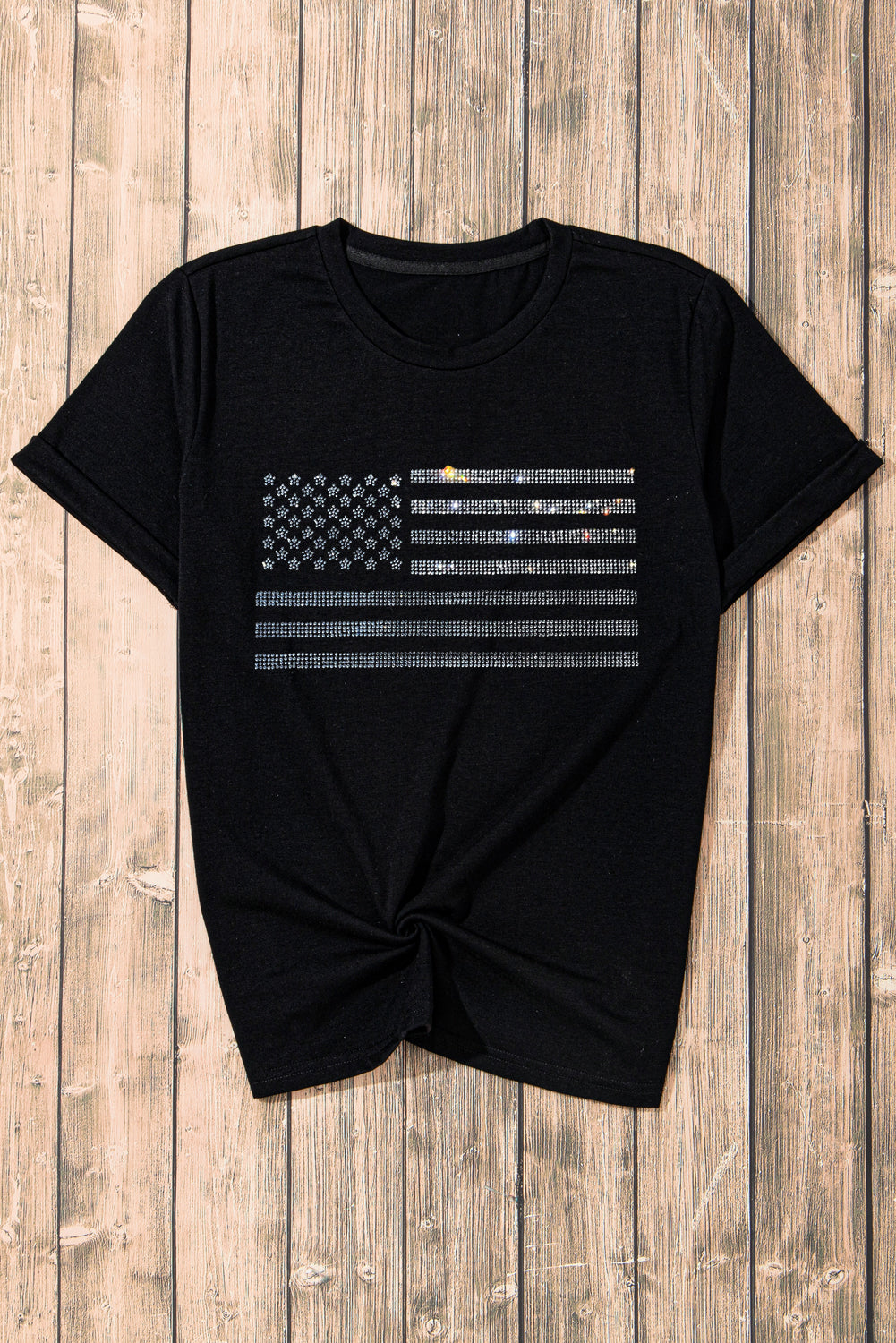 Black Glittering Rhinestone American Flag Pattern T Shirt Graphic Tees JT's Designer Fashion