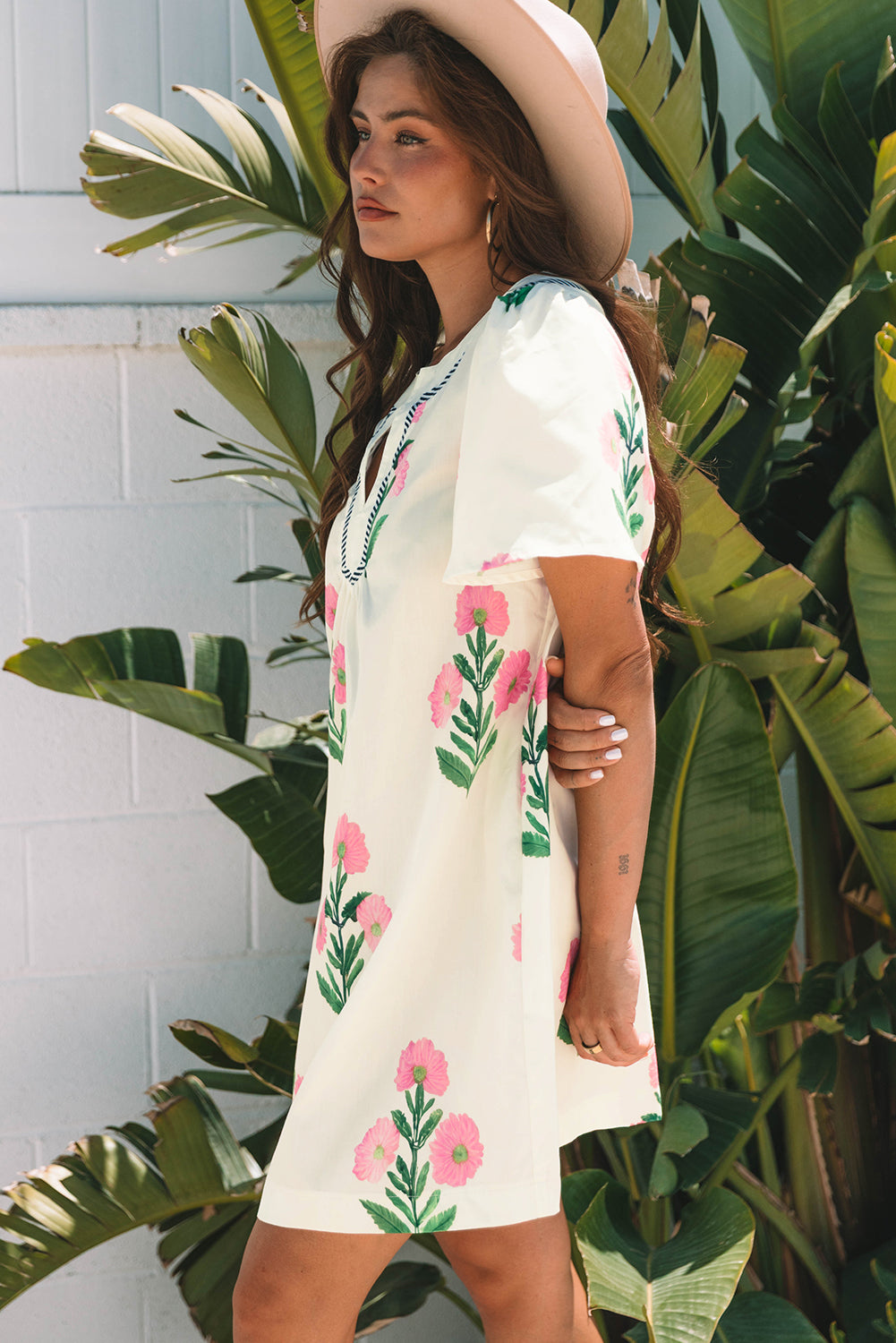 Apricot Floral Short Sleeve Split Neck Loose Mini Dress Floral Dresses JT's Designer Fashion