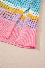 Pink Stripe Plus Size Open Knit Patch Pocket Short Sleeve Sweater Plus Size Sweaters & Cardigans JT's Designer Fashion