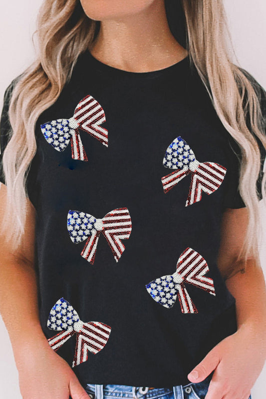 Black Sequined Flag Bowknot Graphic T Shirt Graphic Tees JT's Designer Fashion