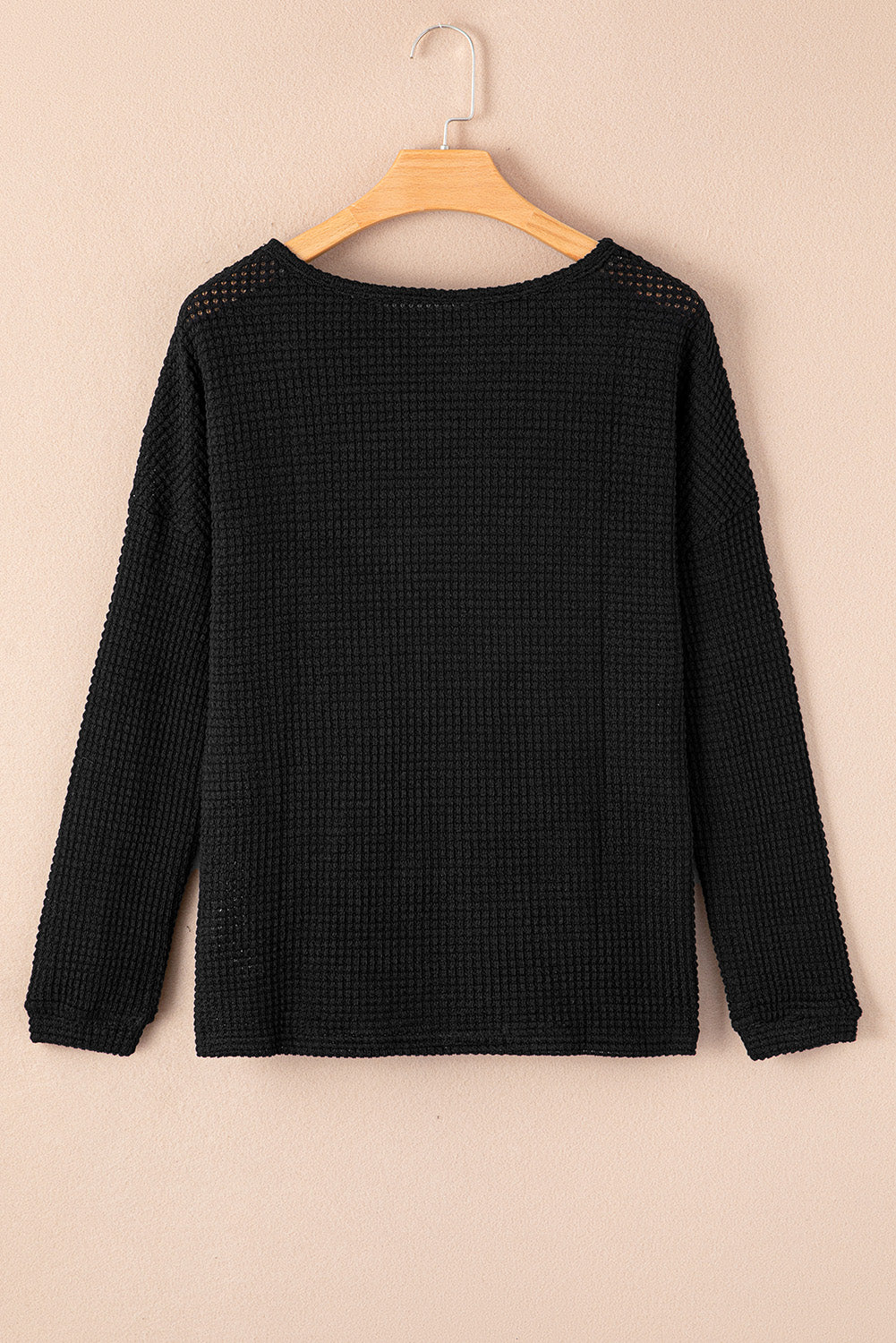 Black Waffle Knit Drop Shoulder Long Sleeve Top Long Sleeve Tops JT's Designer Fashion