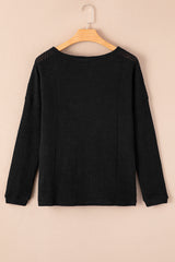 Black Waffle Knit Drop Shoulder Long Sleeve Top Long Sleeve Tops JT's Designer Fashion