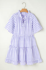 Lavendula Plaid Ruffle Wide Short Sleeve Babydoll Mini Dress Mini Dresses JT's Designer Fashion
