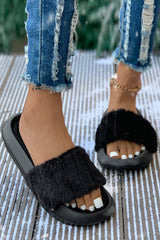 Black Plush Band Comfy Home Slippers Slippers JT's Designer Fashion