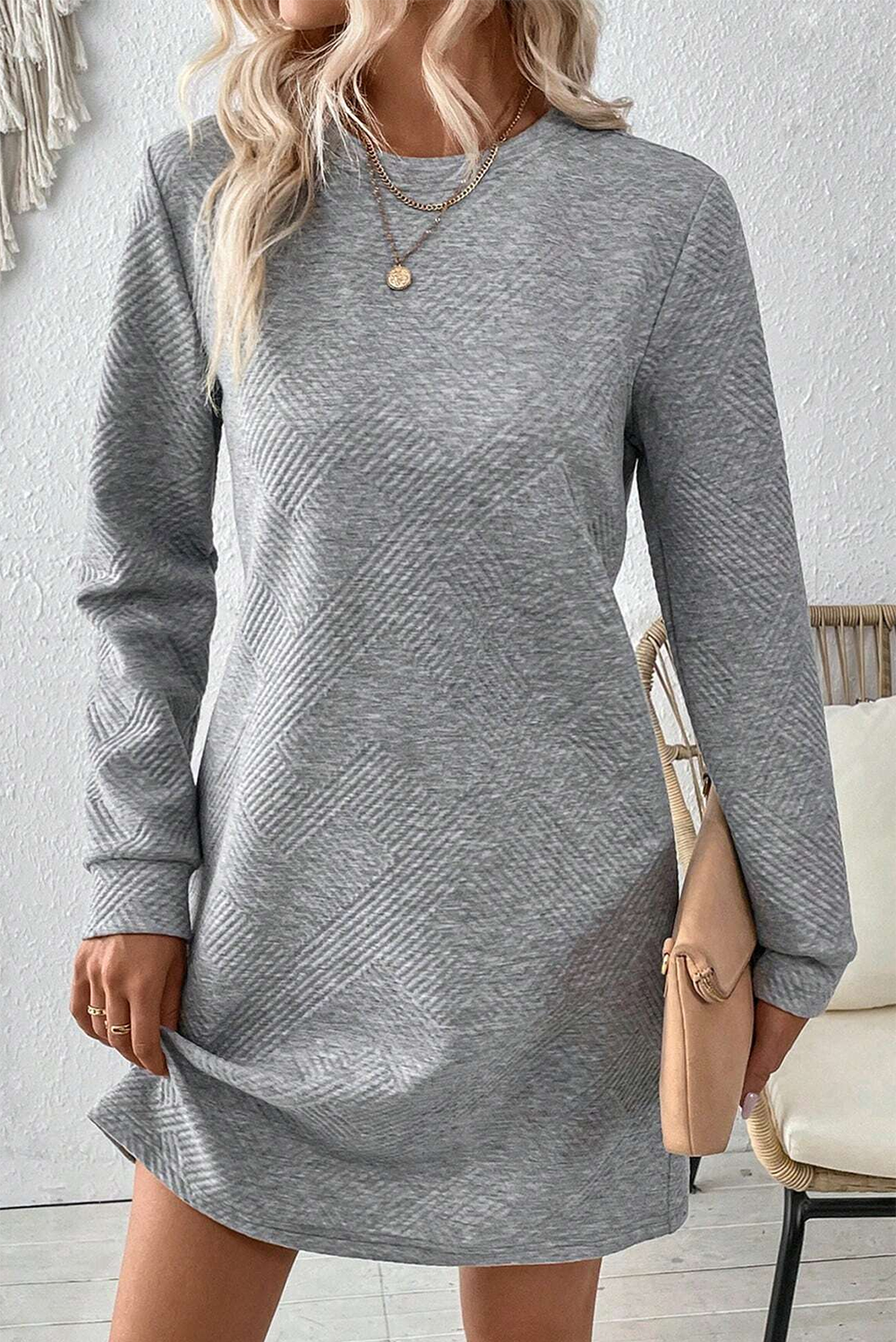 Gray Solid Color Textured Long Sleeve Shift Dress Mini Dresses JT's Designer Fashion