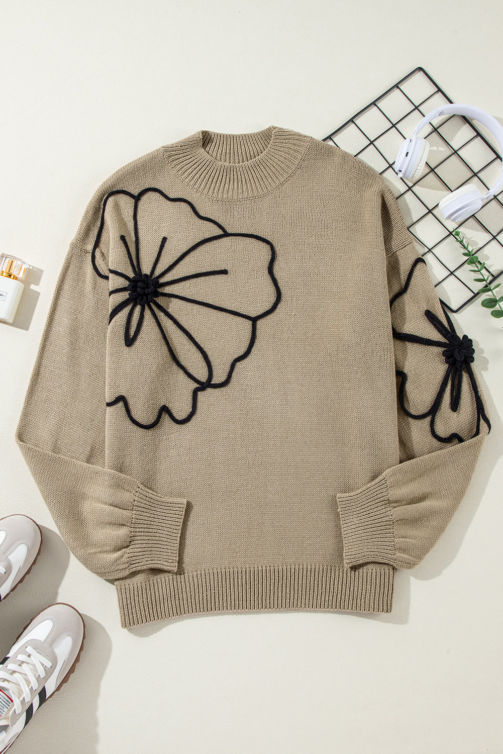 Dark Khaki Plus Size Big Flower Pattern High Neck Drop Shoulder Sweater Plus Size Sweaters & Cardigans JT's Designer Fashion