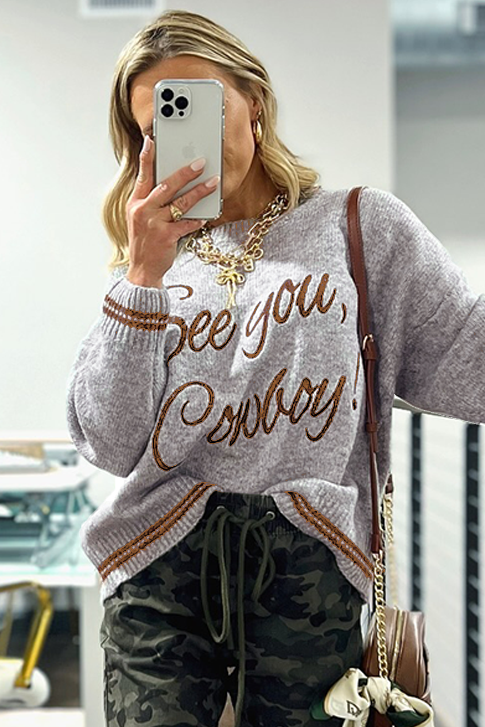 Light Grey See You Cowboy Embroidered Western Graphic Sweater Sweaters JT's Designer Fashion