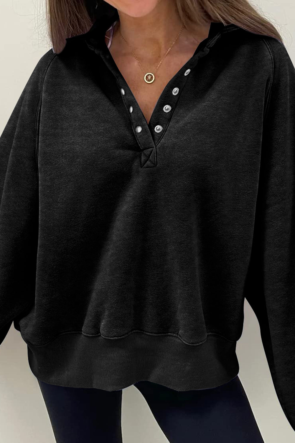 Black Solid Snap Buttons Collared Balloon Sleeve Oversized Sweatshirt Sweatshirts & Hoodies JT's Designer Fashion