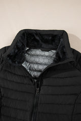 Black Solid Color Quilted Zip-up Puffer Jacket Jackets JT's Designer Fashion