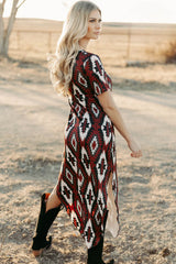 Red Western Aztec Printed Long T-shirt Dress T Shirt Dresses JT's Designer Fashion