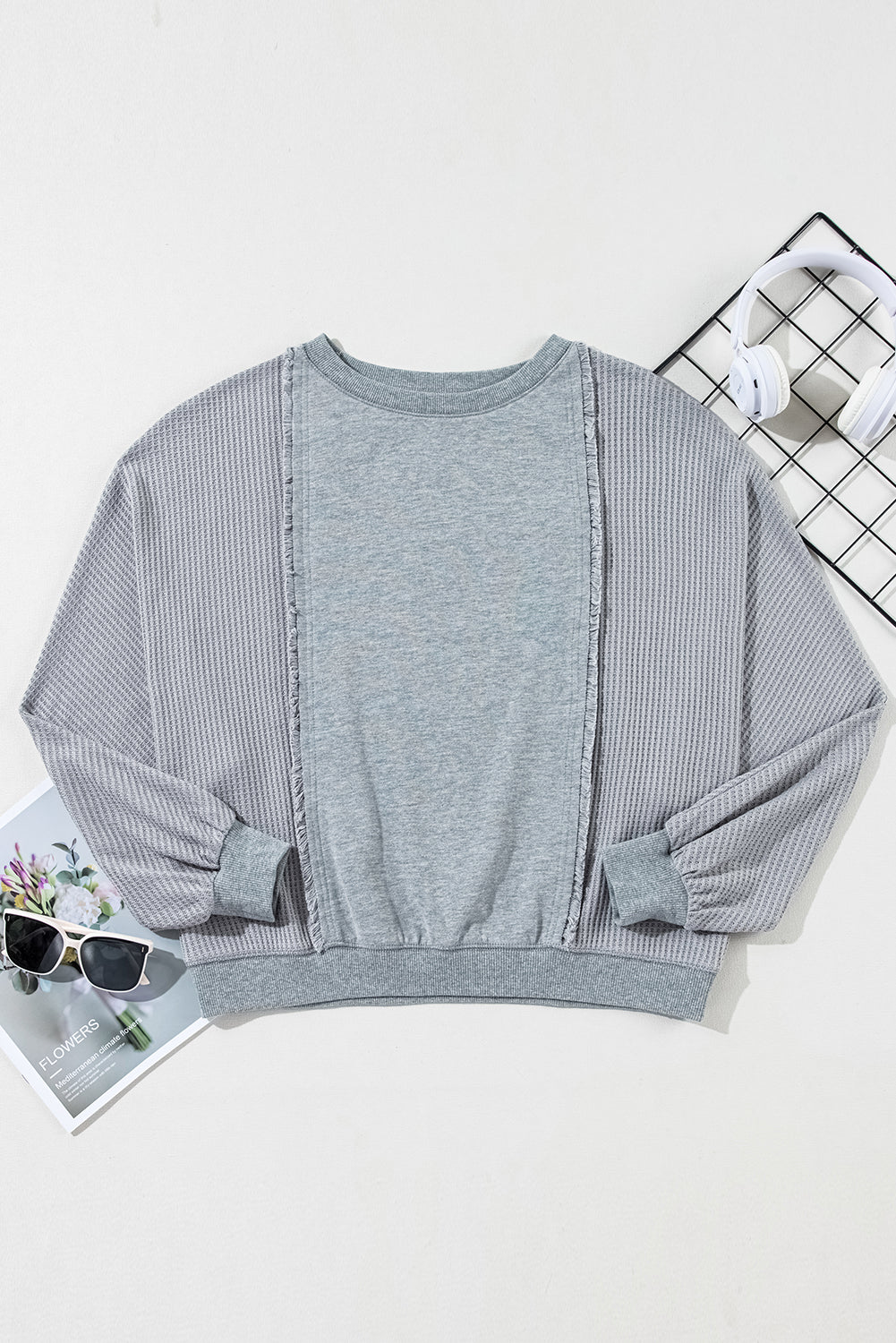 Light Grey Waffle Patchwork Long Sleeve Raw Hem Pullover Top Long Sleeve Tops JT's Designer Fashion