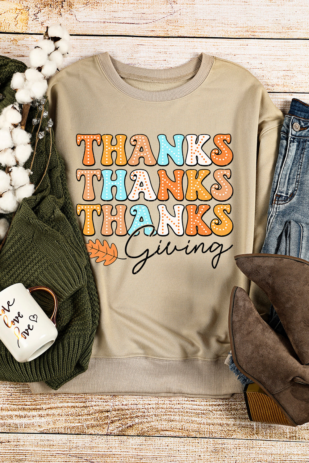 Khaki THANKS giving Leaves Printed Drop Shoulder Sweatshirt Graphic Sweatshirts JT's Designer Fashion