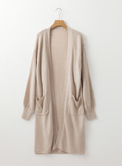 Beige Side Pockets Open Front Long Knitted Cardigan Cardigans JT's Designer Fashion