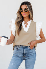 Pale Khaki Contrast V Neck Ruffled Textured Knit Top Blouses & Shirts JT's Designer Fashion
