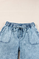 Myosotis Mineral Wash Drawstring Elastic Waistband Loose Straight Denim Pants Jeans JT's Designer Fashion
