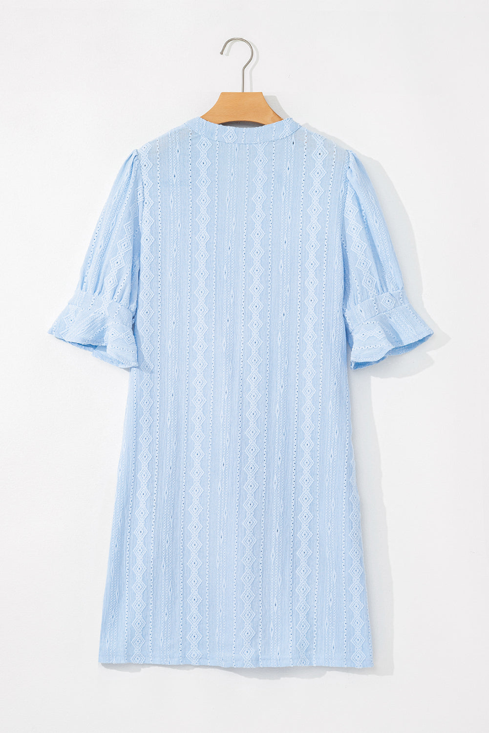 Beau Blue Jacquard Texture Flared Short Sleeve Notched Neck Mini Dress Mini Dresses JT's Designer Fashion