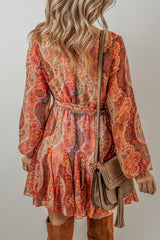 Orange Boho Paisley Print Long Sleeve Pleated Belted Mini Dress Mini Dresses JT's Designer Fashion