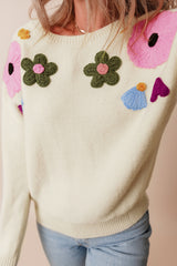 Beige Knitted Flower Pattern Ribbed Edge Sweater Sweaters JT's Designer Fashion