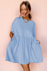 Sky Blue Solid Color Pocketed Raw Edge Babydoll Dress Mini Dresses JT's Designer Fashion