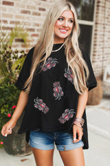 Black Sequin Crawfish Graphic High Low Loose T Shirt Graphic Tees JT's Designer Fashion