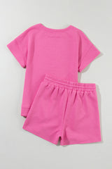 Strawberry Pink Solid Color Textured Sequined American Star Patched Short 2pcs Outfit Graphic Sets JT's Designer Fashion