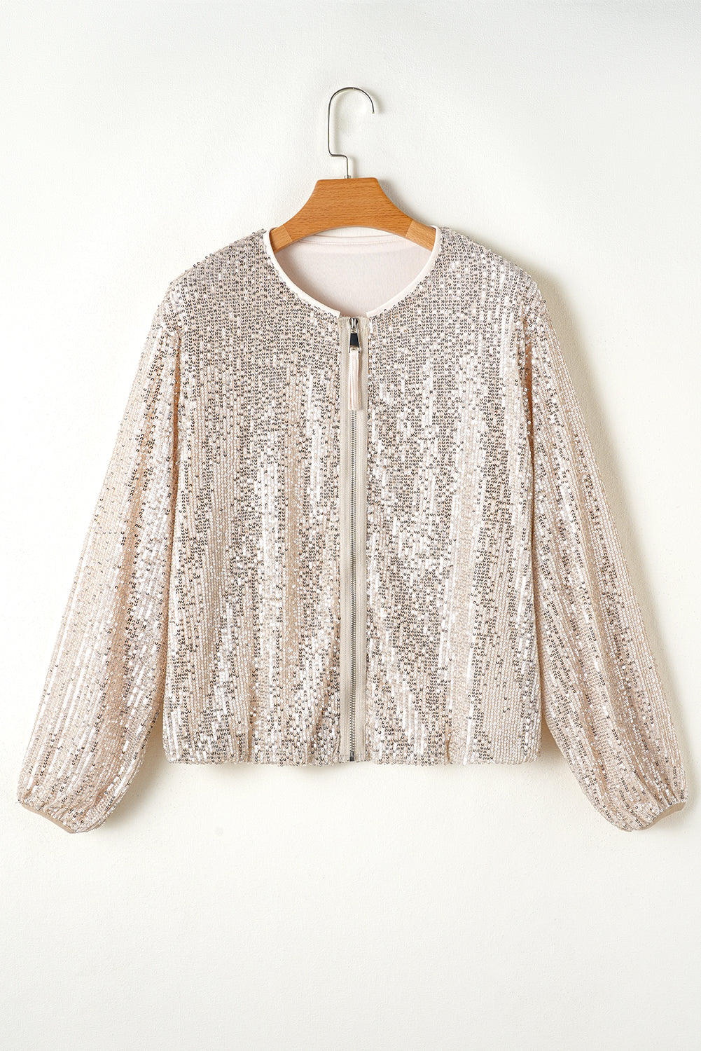 Apricot Sequin Zip up Round Neck Long Sleeve Jacket Jackets JT's Designer Fashion