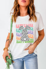 White Happy Easter Rabbit Print Crew Neck T Shirt Graphic Tees JT's Designer Fashion