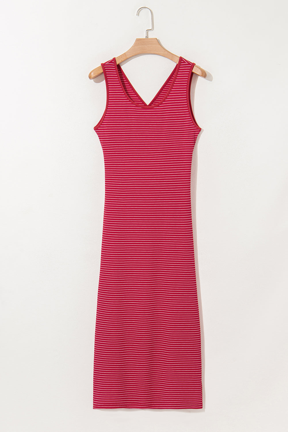 Red Stripe Criss Cross Side Slits Slim Fit Sleeveless Midi Dress Midi Dresses JT's Designer Fashion
